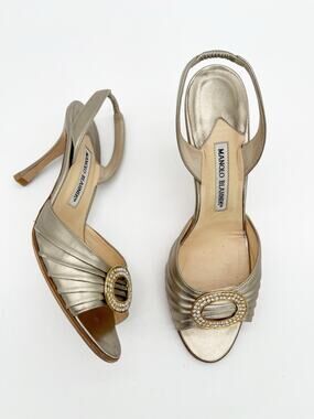 Manolo Blahnik Vintage Sedaraby Metallic Crystal Buckle Slingback Heels IT 39.5